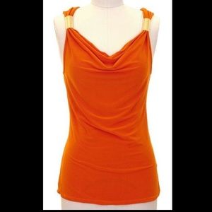 Drape Cowl Neck Gold Metallic Shoulder Top Orange